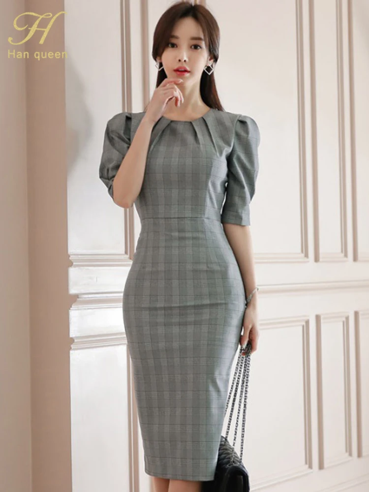

Женское офисное платье в клетку H Han Queen, элегантное приталенное Повседневное платье в Корейском стиле для офиса, простые платья, лето 2023