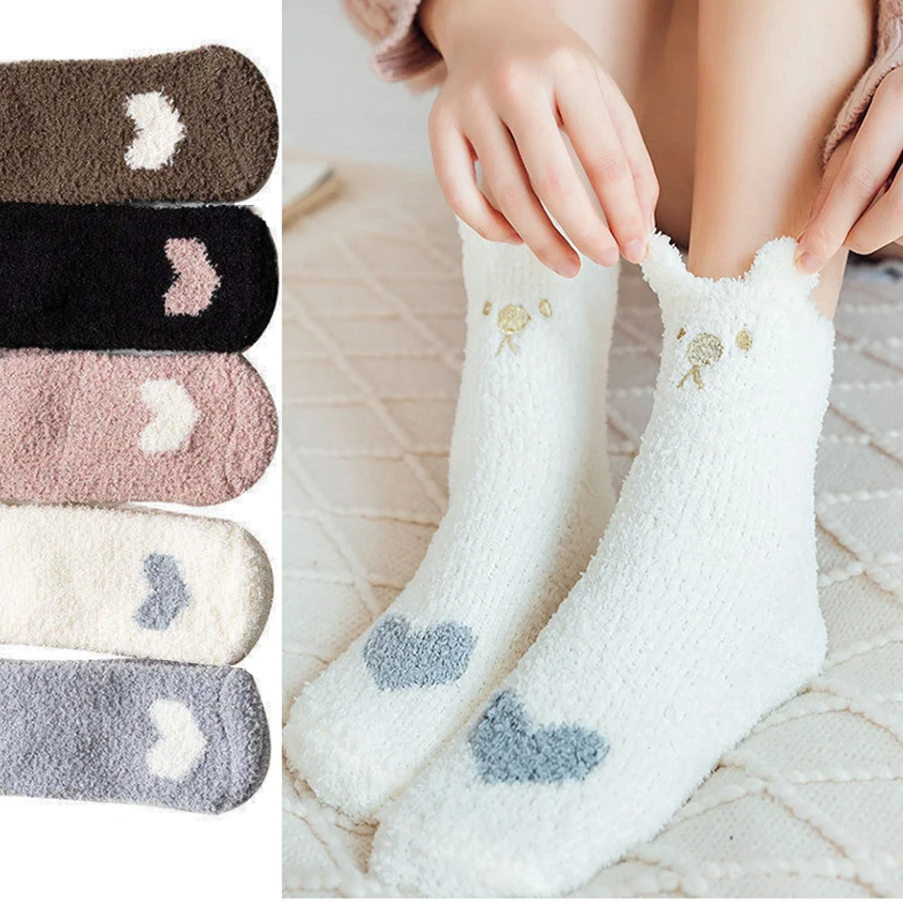 5Pairs Cute Plush Coral Fleece Socks Female Tube Socks Cat Ears Thick Warm Sleeping Floor Sleep Socks Lady