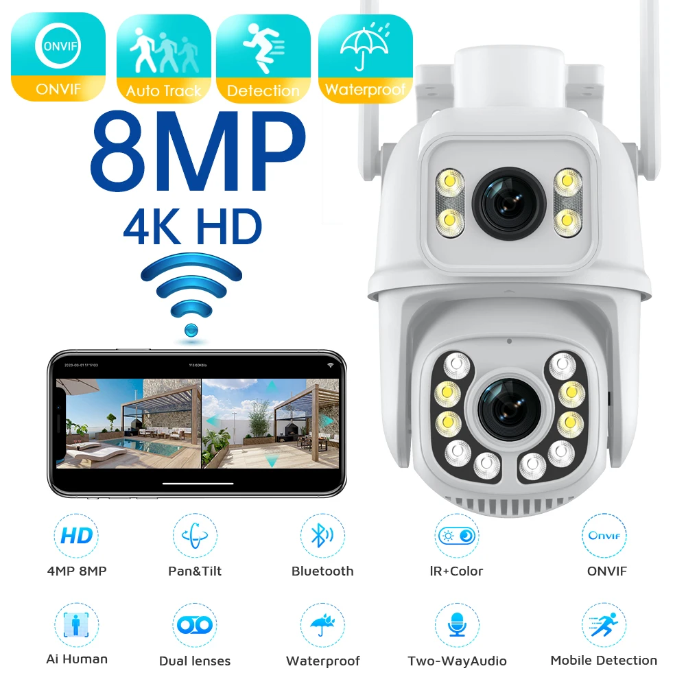 

8MP PTZ WIFI Camera Outdoor Dual Lens Dual Screen 4K4MPVideo Surveillance Camera Smart Auto Tracking Night Vision CCTV IP Camera
