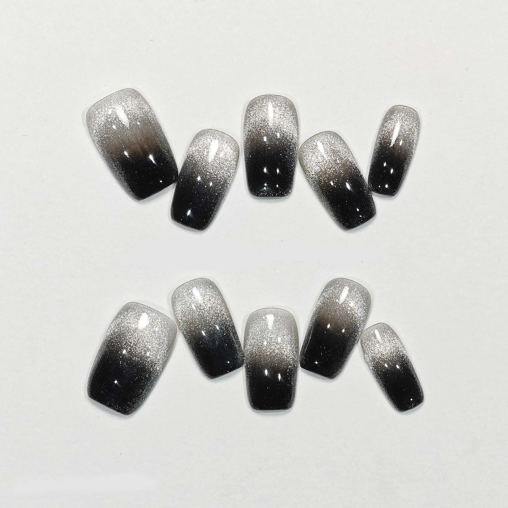 10 шт. короткие накладные ногти ручной работы полное покрытие черные кошачий глаз