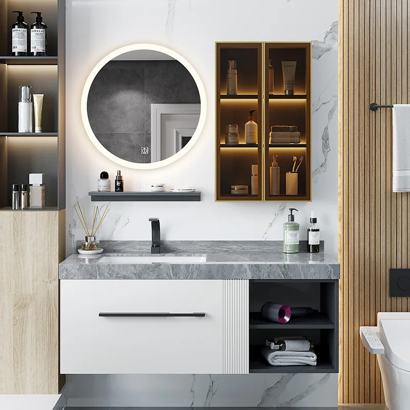 

Nordic Light Luxury Bathroom Cabinet Combination Bathroom Slate Washbasin Glass Door Washbasin Bathroom Cabinet Furniture