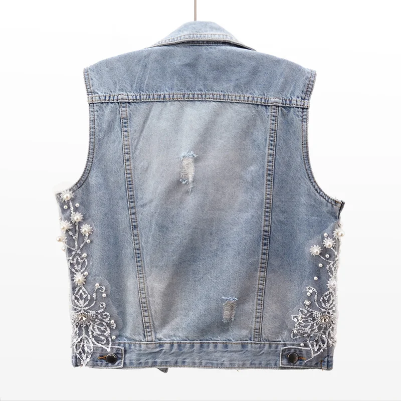

Light Vintage Blue Denim Vest Women Waistcoat Slim Short Sleeveless Jacket Coat Beading Flowers Frayed Pocket Jeans Vests Female