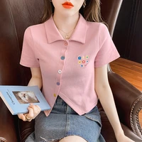 sweety girl floral embroidery polo t shirt womens short button t shirt summer slim short sleeve crop tops