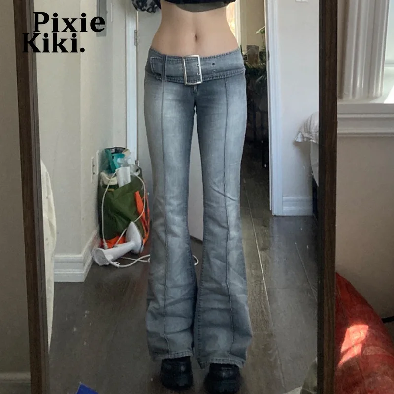 PixieKiki Trendy Vintage Belted Low Rise Jeans Y2k Clothing Indie Aesthetic Denim Trousers Egirl Sexy Flare Pants P84-EG55