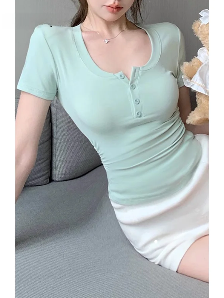 Женская футболка с коротким рукавом универсальная Однотонная U-образным вырезом