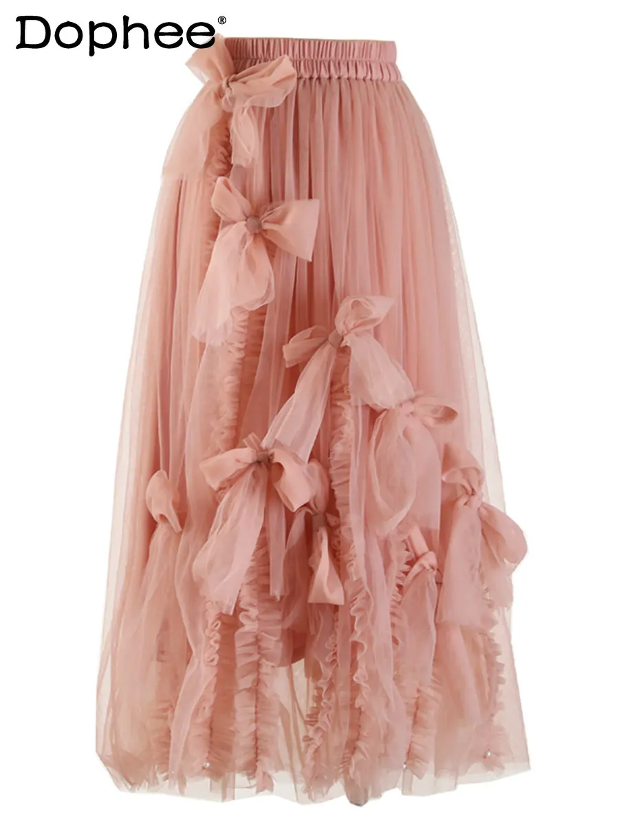 

Lolita Sweet Three-Dimensional Bow Irregular Mesh Skirt Women Elastic Waist Mid-Length Puffy Skirt Sweet Cool Umbrella Skirts