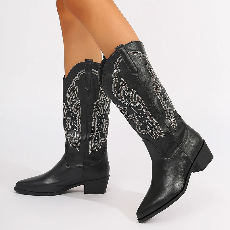 Женские сапоги в стиле вестерн с вышивкой ретро осенне-зимние до колена из