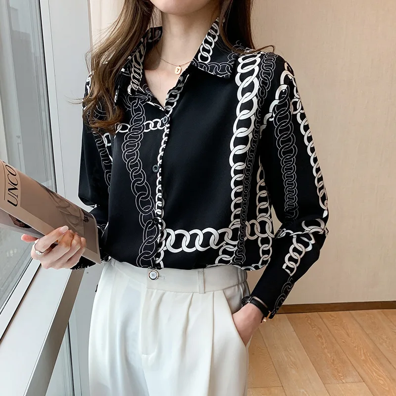 

Female Clothing Elegant Fashion Woman Blouses 2021 Autumn New Print Slim Shirts Vintag Turn-down Collar Button Casual Shirt Top