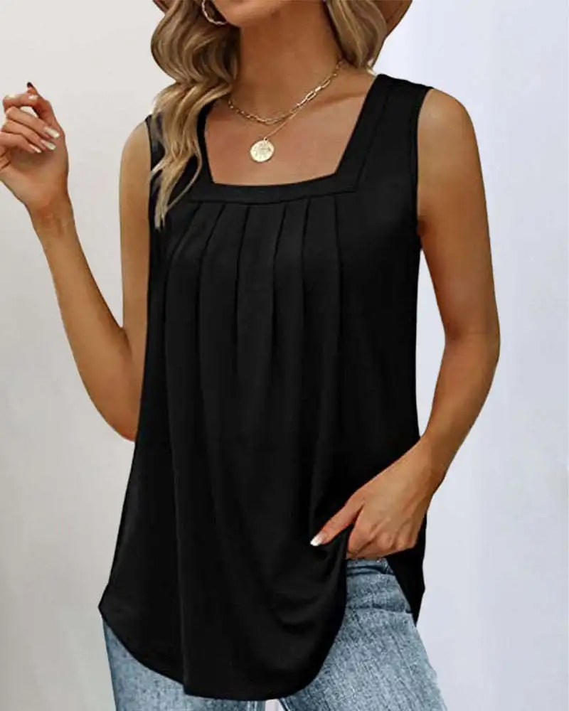 

OTTD 2023 Summer New Casual Fashion Women's Top Temperament Square Neck Solid Sleeveless Pleated Basic Versatile Tank Top