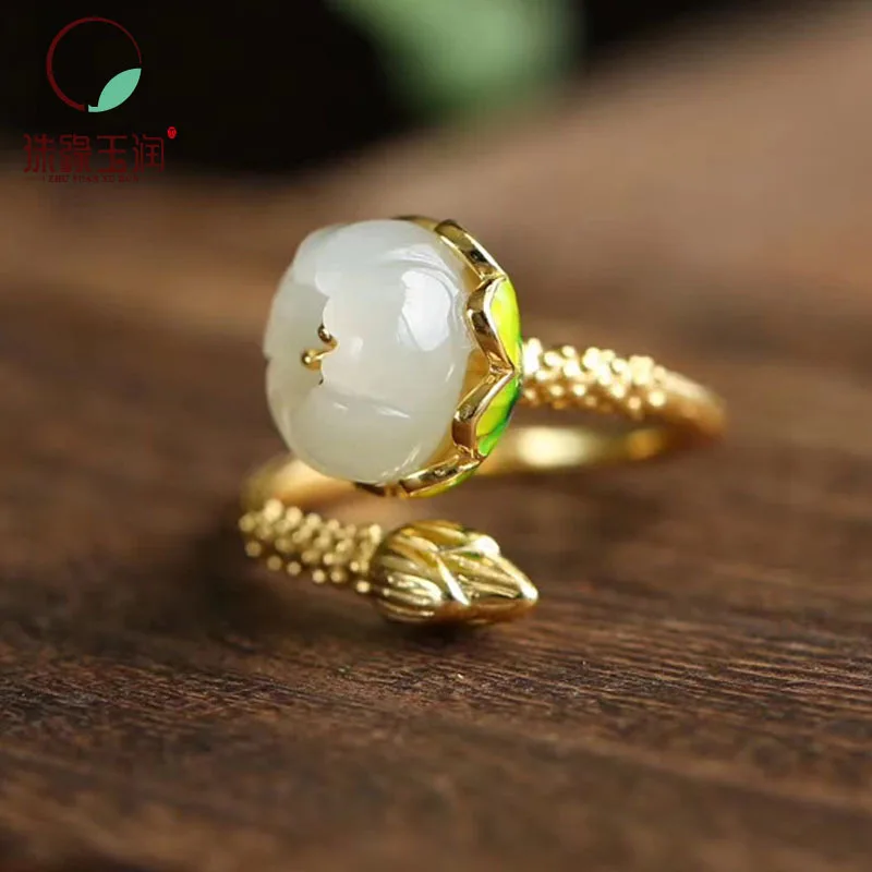 

Chinese Style Sterling Silver Baked Blue Inlaid Ring Women Fashion White Jade Flower Bud Open Court Ring Retro Exquisite Jewelry