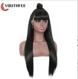Youthfee 28"Braided Wig Straight Wig Synthetic Lace Front Wig Top Pre-braided Wig With Natural Straight Hair And Bangs For Women