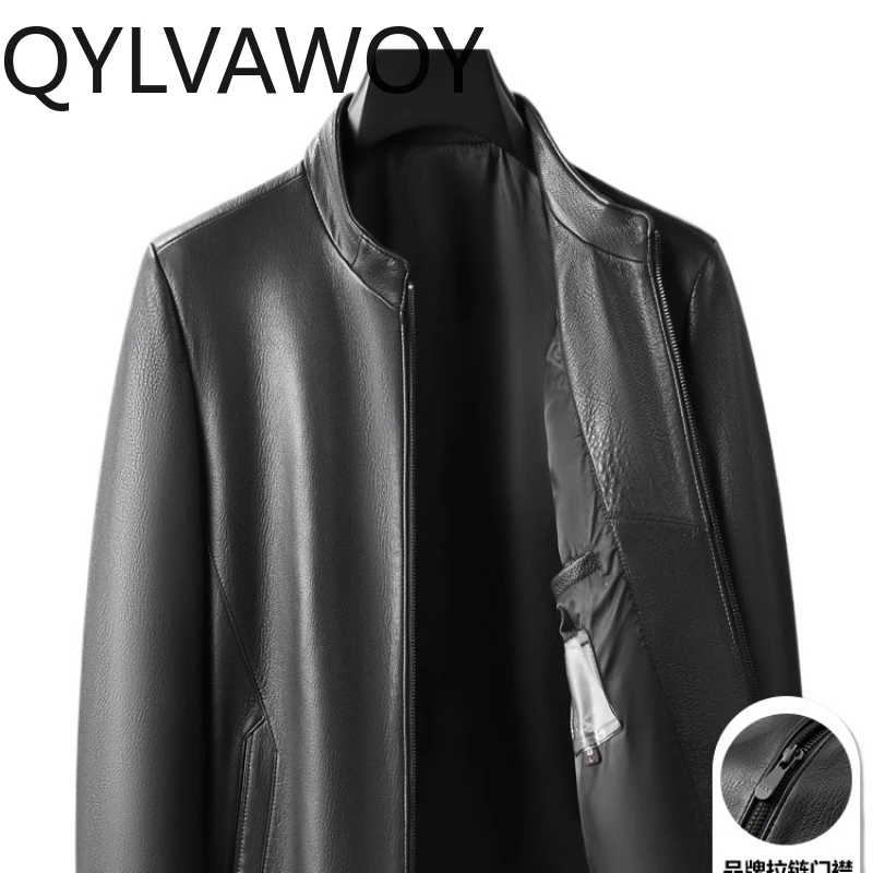 Фото QYLVAWOY 2025 осень-зима новая мужская кожаная куртка из натуральной козьей кожи мотоциклетный стиль с воротником-стойкой осенняя верхняя одежда LJ2653 №1