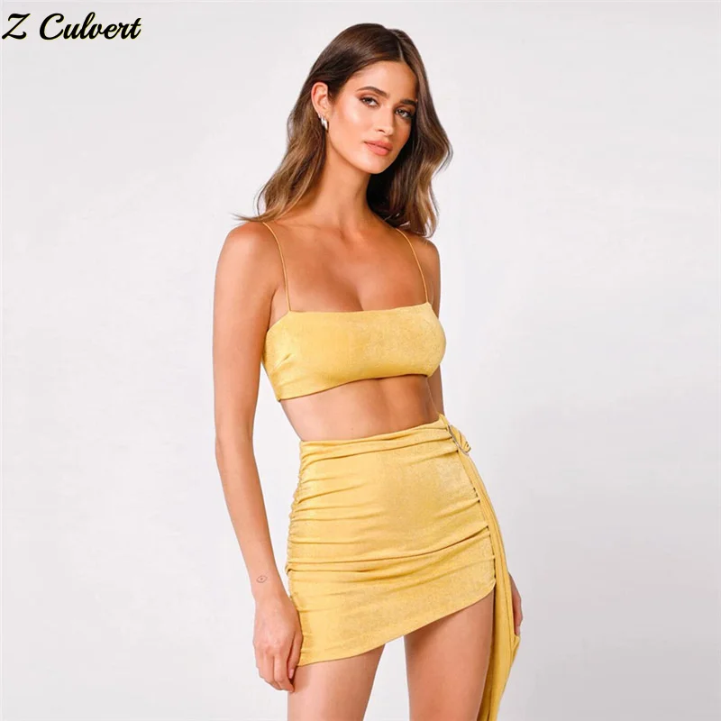 

Z Culvert2022SpringSummer Fashion Sexy Solid Women Sling Camisoles Crop Top Slim pack hip Ruched asymmetrical Backless set skirt