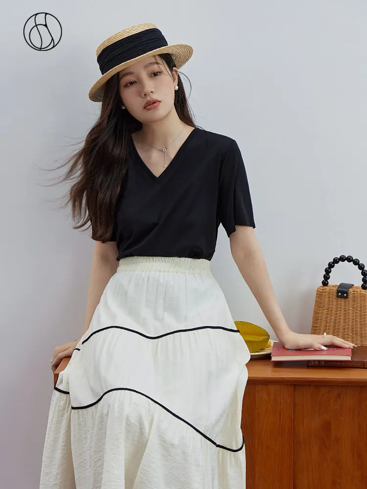 

DUSHU Solid V-Neck Women T-shirt Temperament Simple Short Sleeve Summer 2023 Versatile Slim Top For Women Female Round Neck Tees