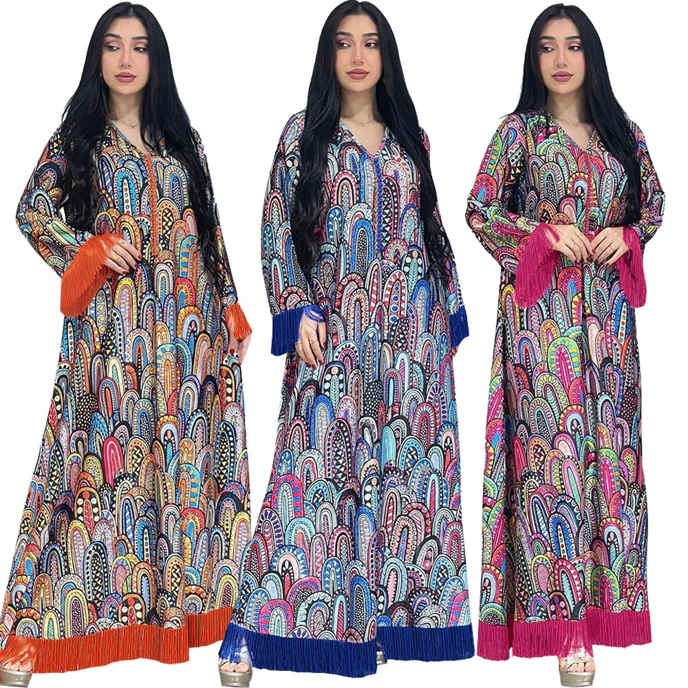 

Muslim Dubai Women Print Maxi Dress Tassel Abaya Eid Ramadan Caftan Femme Musulman Gulf Jalabiya Marocain Kaftan Robe Islam Gown
