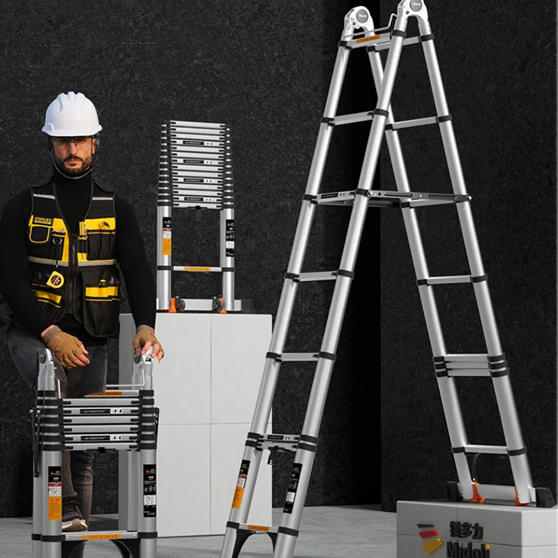 Widening Pedal Telescopic Ladder Herringbone Aluminum Alloy Thickening Folding Ladder Household Multi-functional Lift Stairs