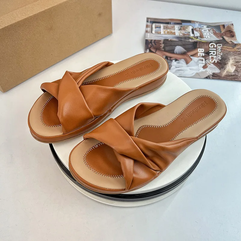 

Шлепанцы женские на низкой резиновой подошве, мягкие тапочки на платформе, с перекрестной шнуровкой, синтетическая ткань, базовые тапочки, ...