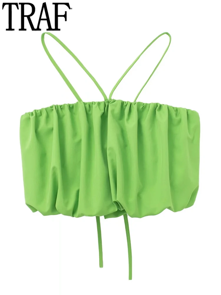 

TRAF Pleated Off Shoulder Crop Top Women Green Summer Tank Tops Y2k Voluminous Backless Sexy Woman Top Sleeveless Corset Tops