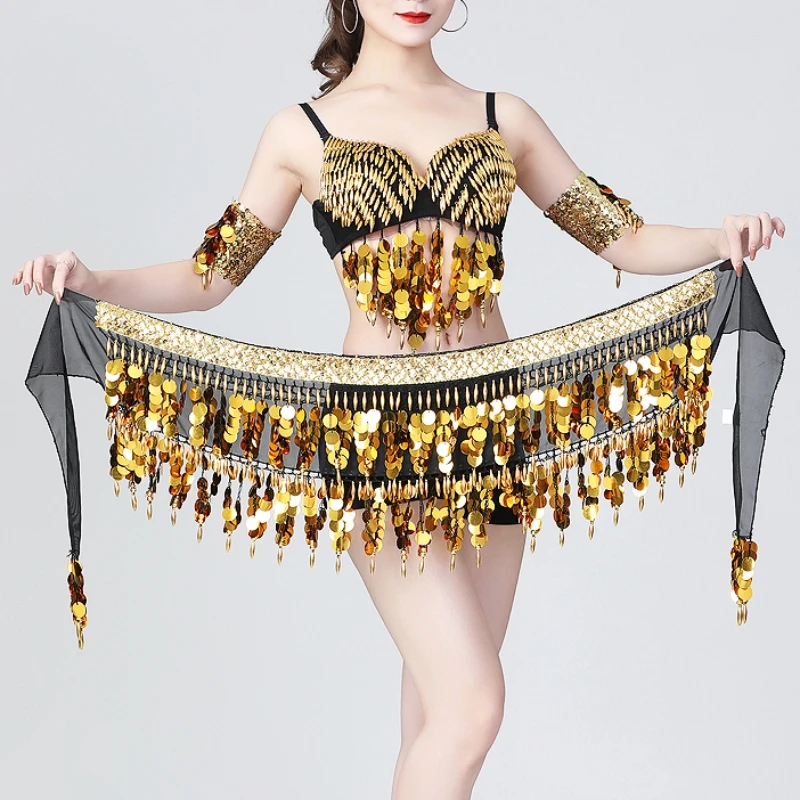 Women Belly Dance Hip Scarf Accessories 3 Row Belt Skirt With Gold bellydance Tone Coins Waist Chain Wrap Adult Dance Wear