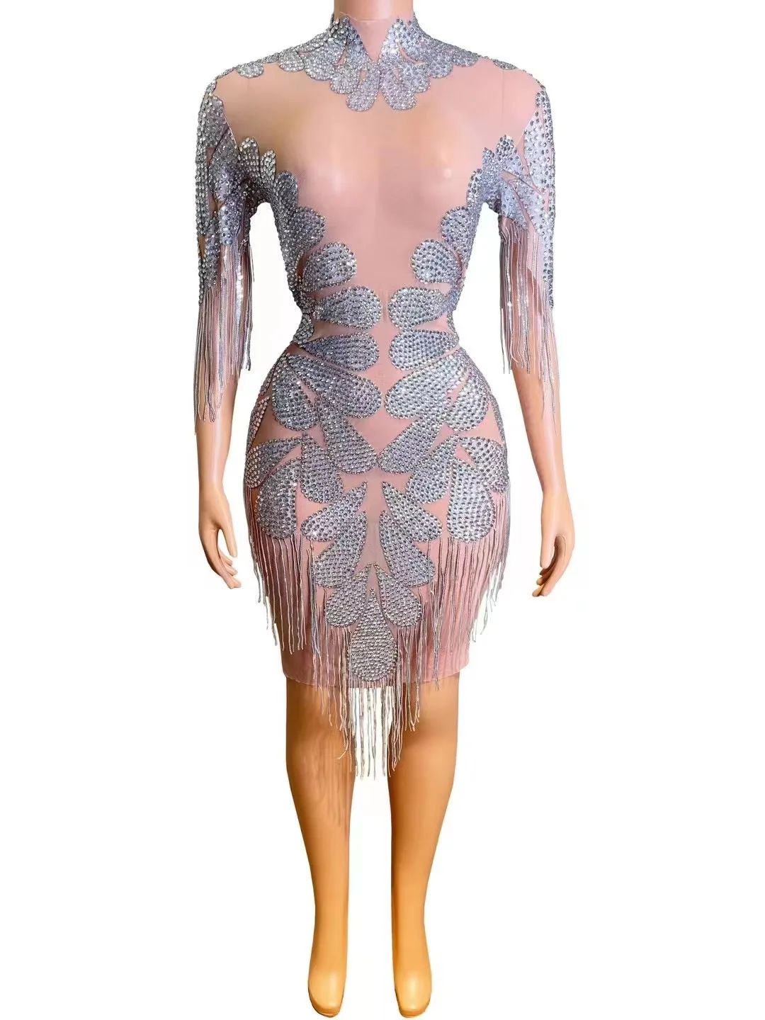 

WomenSexyMeshSeeThroughEveningPromDressesWeddingBirthdayParty DressSingerShowWearSparklyRhinestonesShortDress