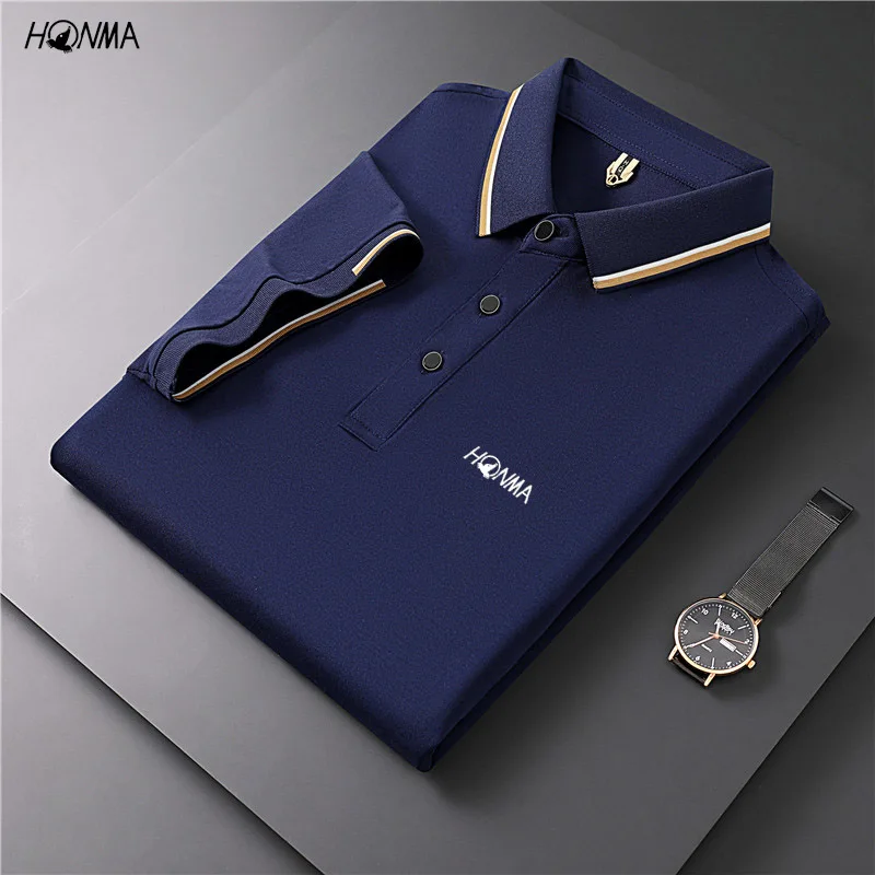 

Summer Breathable Sports Golf Clothing Men's Cotton Golf Shirt HONMA Short Sleeve Fast Drying Knitting Lapel Polo Shirt Shirt