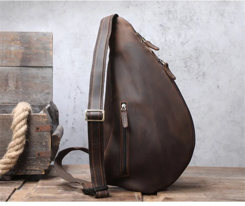 Vintage genuine leather men's multi-pocket personality chest bag organizer designer crazy horse cowhide outdoor shoulder bag
