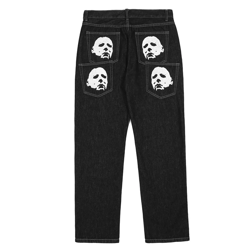 2022 Gothic Jeans Men Hip Hop Streetwear Bat Mask Printed Punk Denim Pants Fashion Casual Baggy Pants Straight Trousers Black