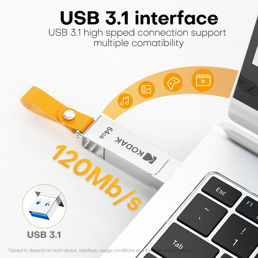 Фото Флеш-накопитель KODAK K133 USB 3.1, 64 ГБ, 128 ГБ, 256 ГБ, металлический поворотный USB-накопитель, высокоскоростная флешка с кожаным брелоком для ПК и ноутбуков. №3