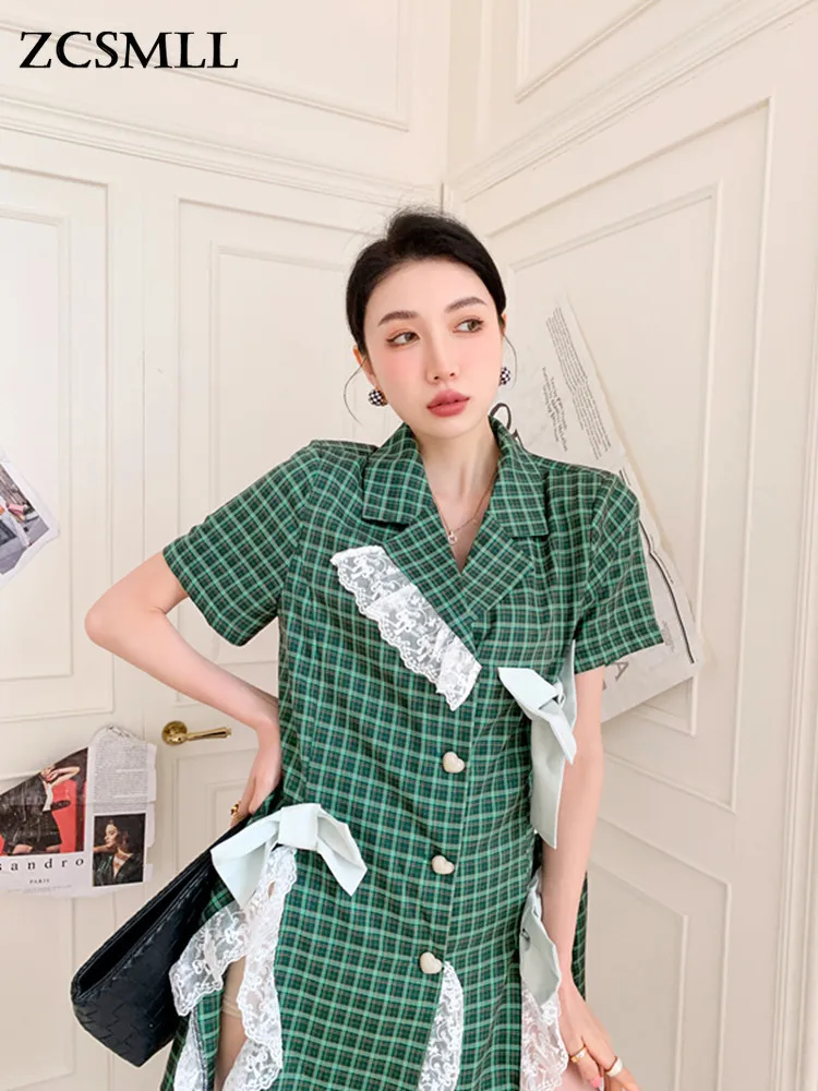 ZCSMLL Green Plaid Bow Summer Blazer Dress Korean Fashion Ruffles Lace Short Sleeve Button Up Shirt Dress Designer Clothing
