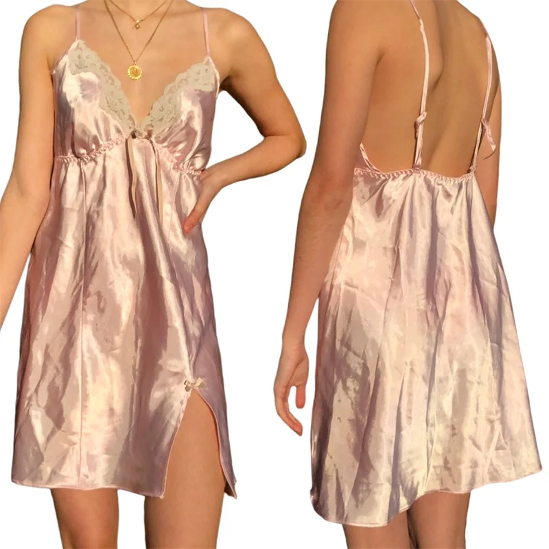 

Женское винтажное платье-комбинация, кружевное платье контрастных цветов на бретелях-спагетти с V-образным вырезом и бантом, с разрезом, Y2K, ...