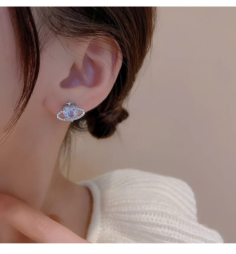 

Planet Rhinestone Stud Earrings Space Luxury Heart Fashion Custom Vintage Ear Stud Jewelry Gift Friends Love Women Wholesale
