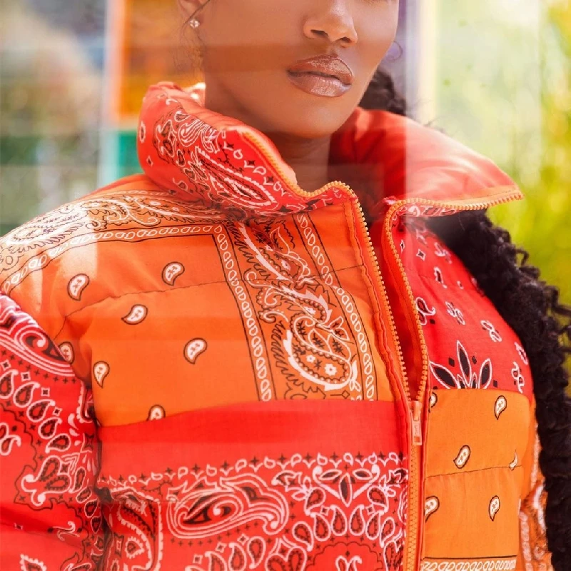 Winter 2023 Fashion Vintage Puffer Jackets Turn-down Collar Printed Cropped Short Cotton Coats Woman Keep Warm Parkas Streetwear