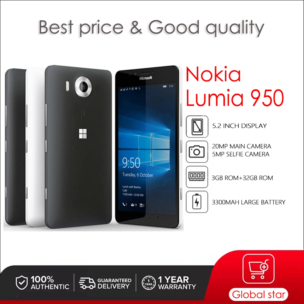 

Nokia Lumia 950 Original Unlocked Windows Mobile Phone 5.2 inches 3000mAh 20MP 3GB RAM 32GB ROM 4G High Quality Cellphone