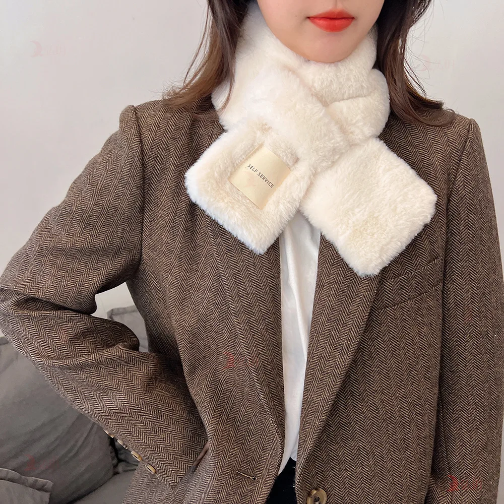 

Korean Style Winter Plush Scarf For Women Student Autumn Warm Faux Fur Cross Scarves Cute Girls Soft Neck Protection New Scarf