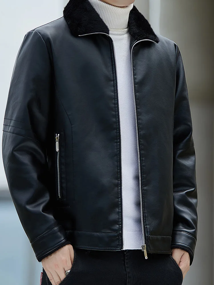 Кожаная мужская куртка-бомбер флисовые черные мотоциклетные куртки в стиле