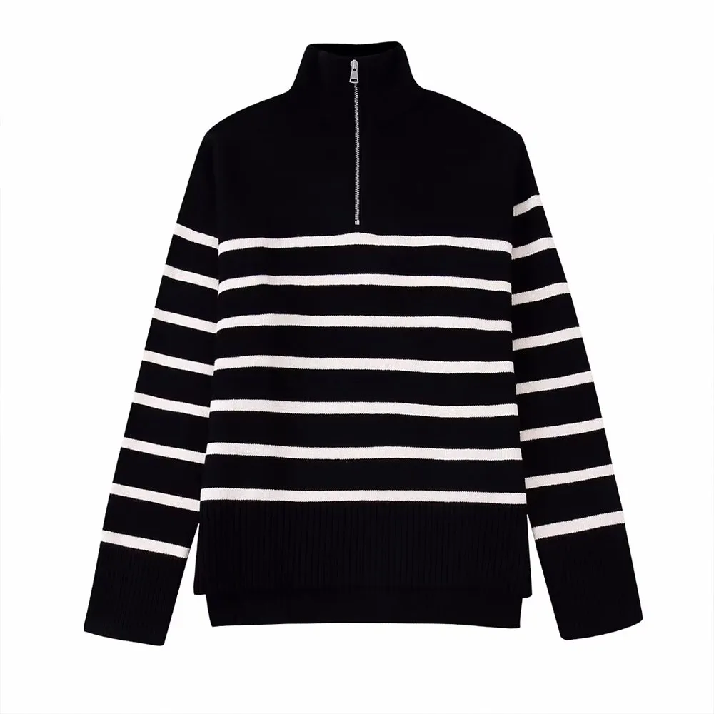

DiYiG Women 2022 New Fashion Zip-Up Striped Knitwear Retro Stand Collar Long Sleeves Side Split Female Pullover Chic Top Mujer