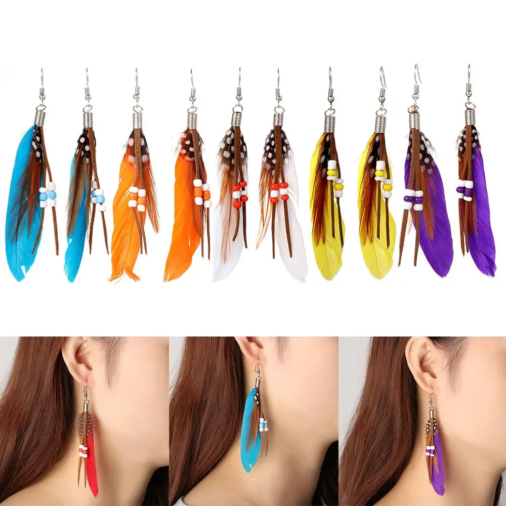 

New Boho Women Female Hollow Earrings Golden Silver Rainbow Beads Feather Dangle Drop