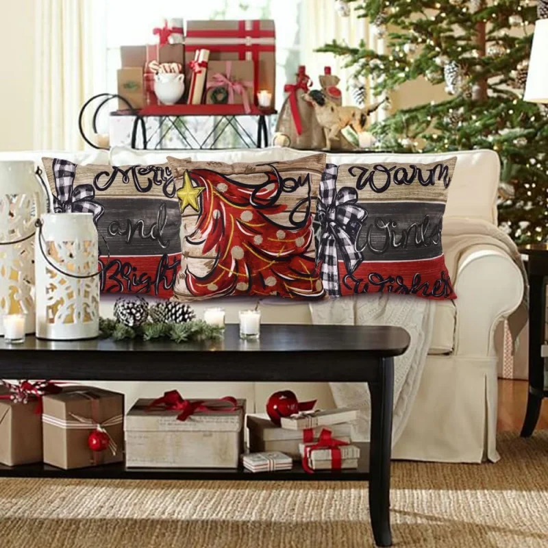 Красная рождественская елка наволочка с сеткой буйвола счастливый и яркий