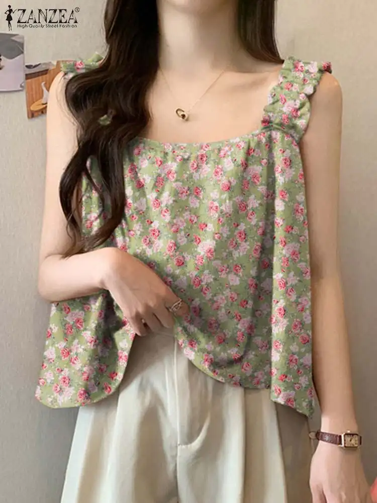 

Женская летняя майка ZANZEA, винтажная блузка с принтом, Женская богемная Праздничная рубашка, Повседневная пляжная туника, блузки, Цветочная рубашка