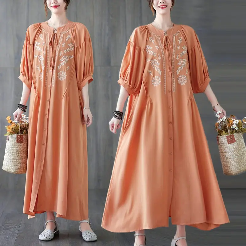 

Vintage Embroidered V-Neck Single Breasted Lantern Sleeve Loose Long Dress Women Casual Baggy Female Clothing Vestidos h1786