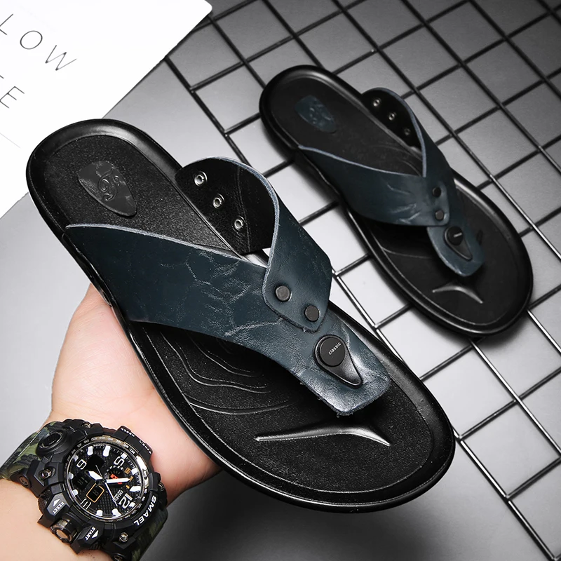 Hot Sale Leather Men's Vacation Beach Sandals Travel Leisure Outdoor Flip-Flops Lager Size Indoor Home Slippers 38-45#