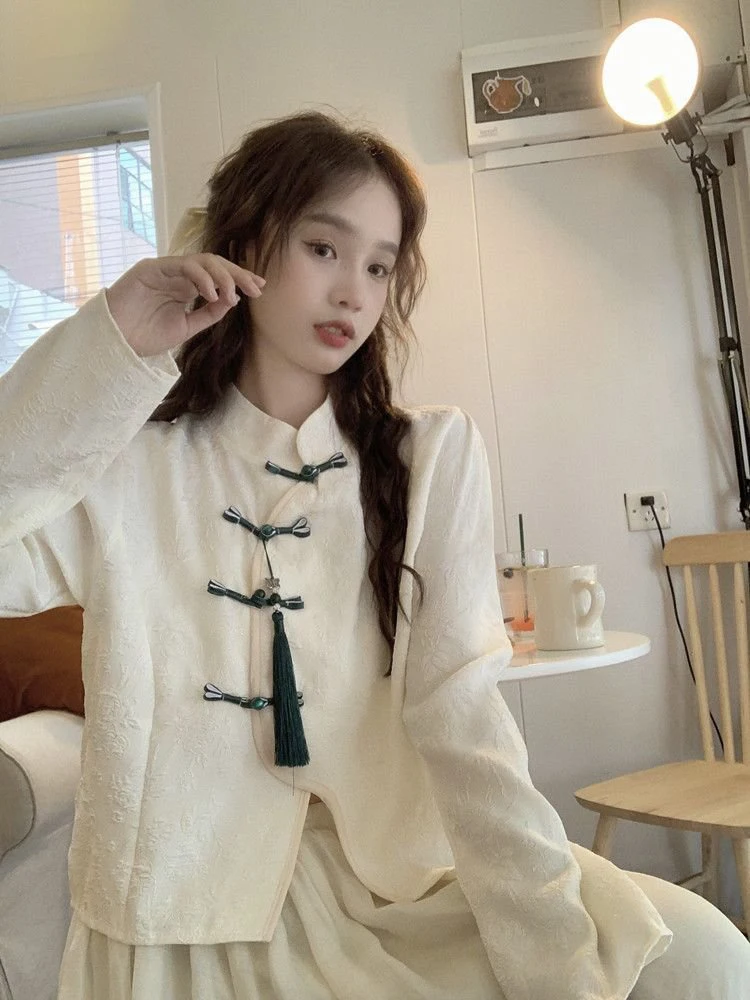 

Винтажная блузка с длинным рукавом, женские однобортные шикарные рубашки с воротником-стойкой, блузки свободного кроя в китайском стиле, топы, 2023