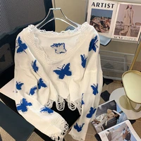 butterfly knitted top off shoulder ripped short 2022 summer new korean version of the lazy solid color short irregular sweater