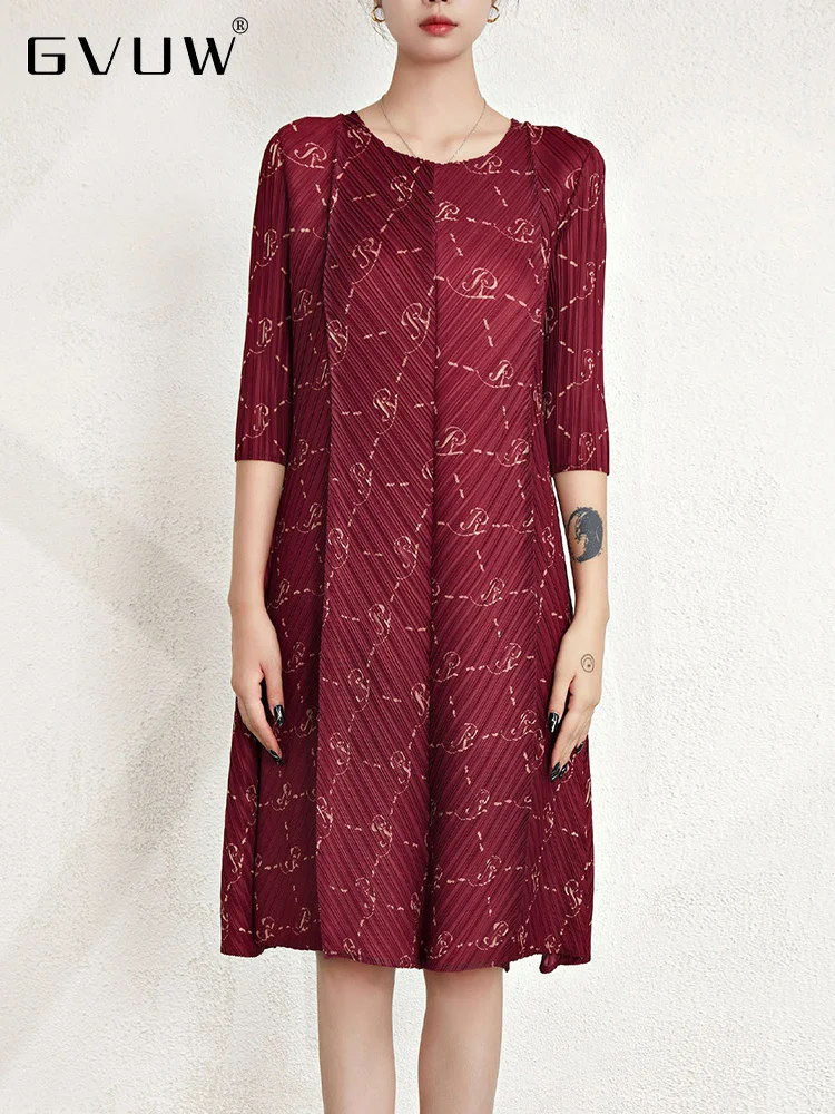 

GVUW Light Luxury Elegant Dress For Women 2023 Early Autumn New O-neck Three Quarter Sleeve Pleated Party Dresses Female 17G1998