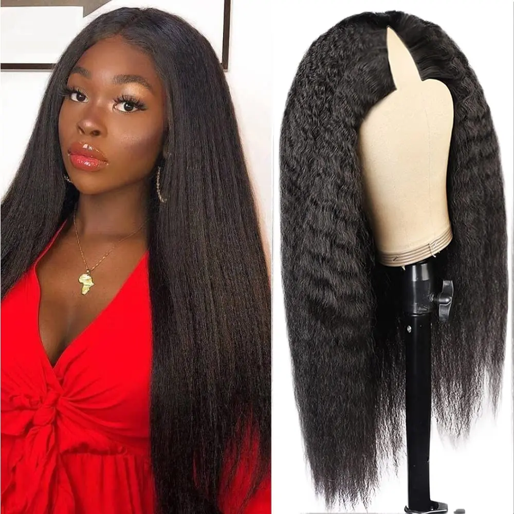 V Part Wig Human Hair 30inch Kinky Straight Human Hair Wigs For Black Women 150%  V Part Yaki Straight Human Hair Wig