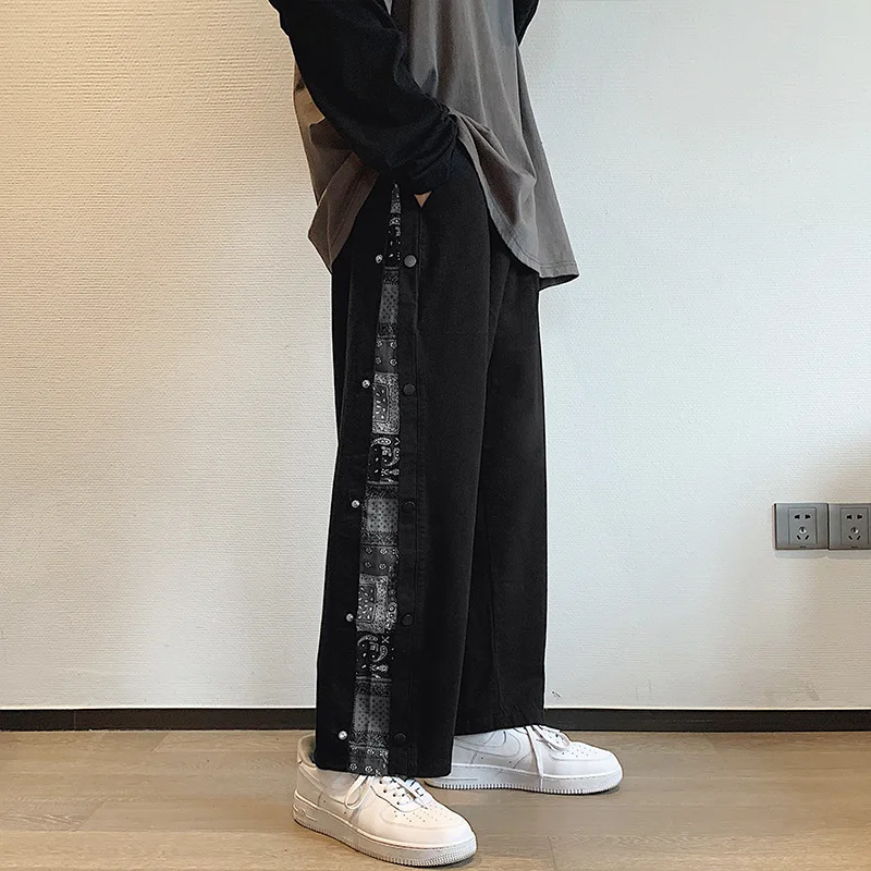 Cashew Flower Breasted Pants Men's Korean Fashion Streetwear Summer Casual Straight Gothic Pants Loose Wide Leg Pants Trousers