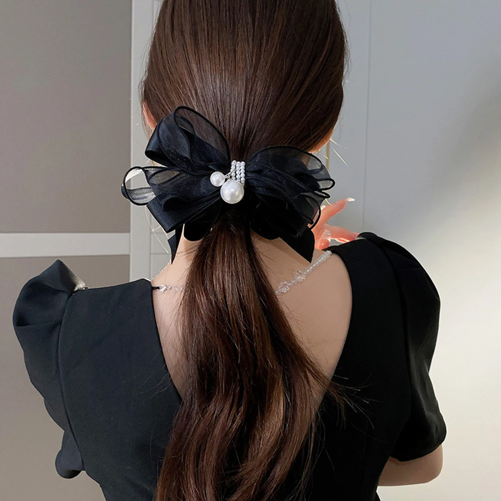 

Chic Ribbon Bow Banana Clips Solid Color Mesh Vertical Clip Elegant Net Yarn Ponytail Claw Sweet Multi-layer Bow-knot Hairpins