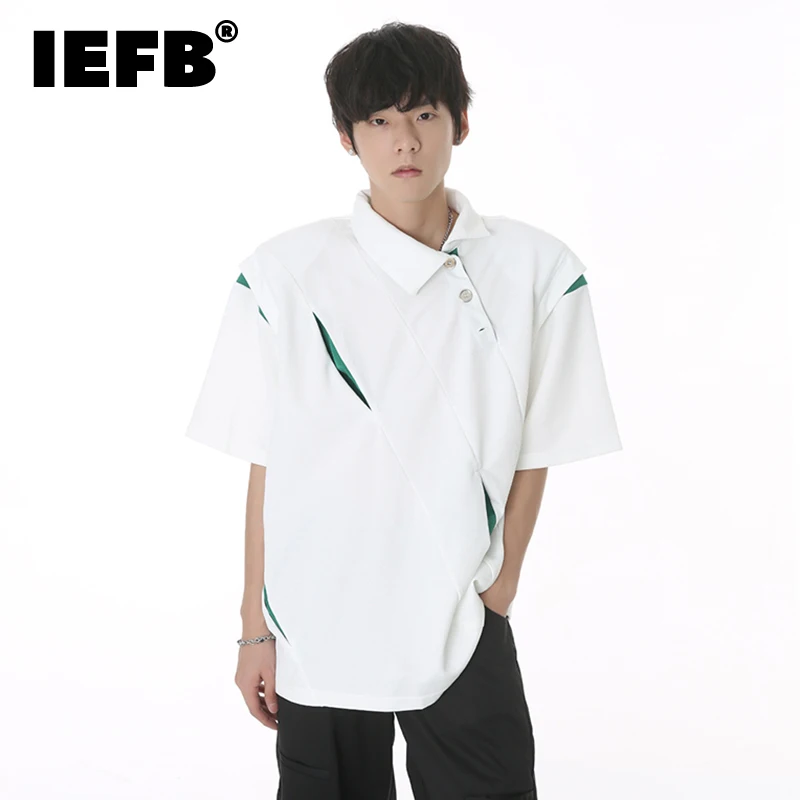 

IEFB Men's Personality T-shirts Summer Trendy Contrast Color Spliced Top Niche Design Oblique Neck Loose Casual Street Tee 9C747