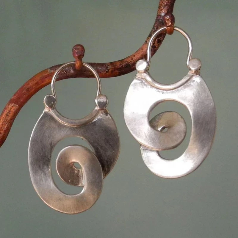 

Gypsy Tribal Curl Metal Hoop Earrings for Women Jewelry Silver Color Hollow Spiral Winding Hanging Dangle Earrings