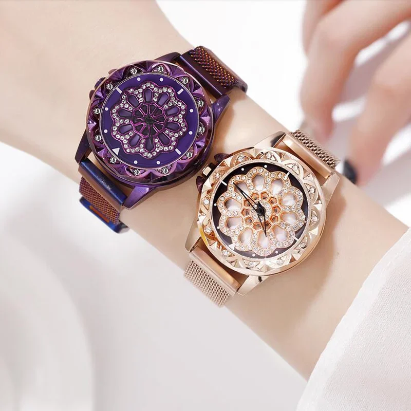 

Прямая поставка, роскошные магнитные часы, дизайн с вращающимся циферблатом 360, часы на удачу, браслет из нержавеющей стали, кварцевые часы, женские часы